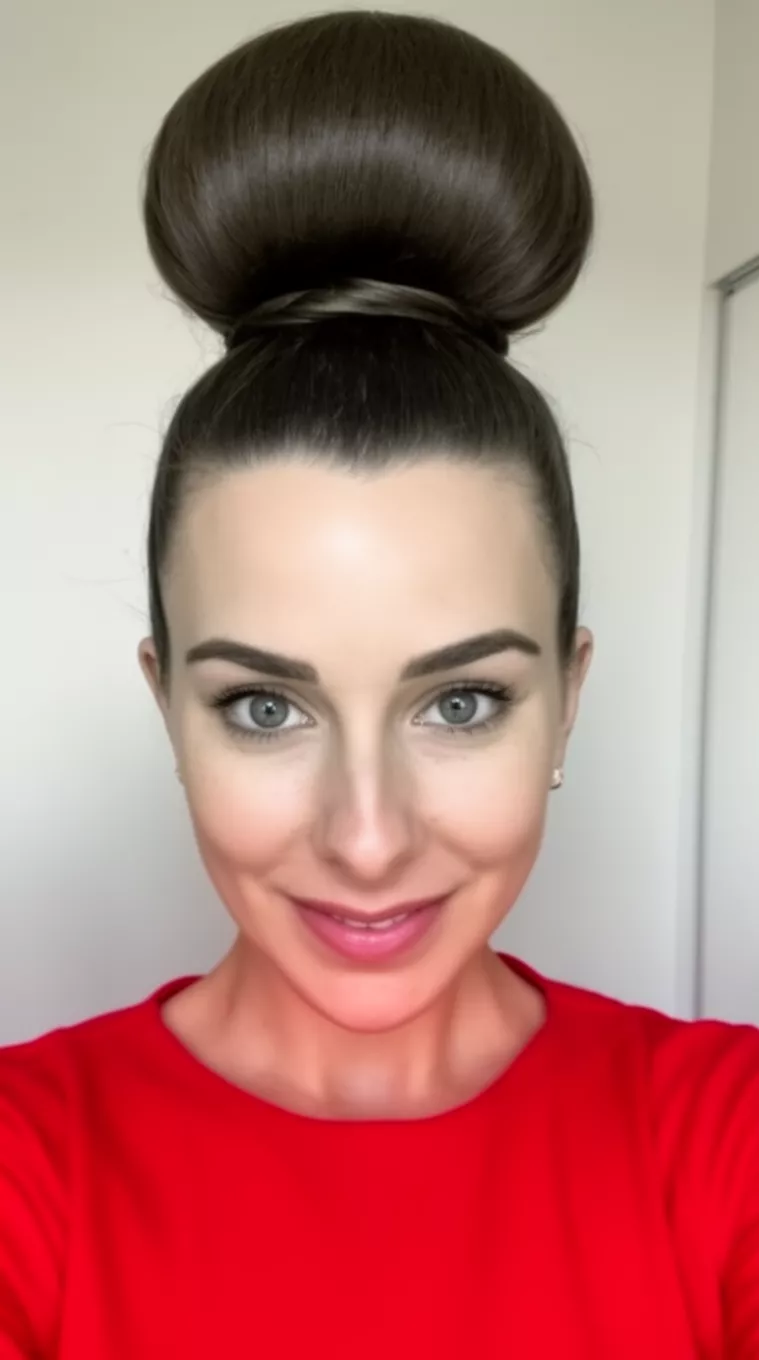 selfie of a 31-year-old woman wearing a red top with a very smooth, large, high-volume bun hairstyle, minimal background