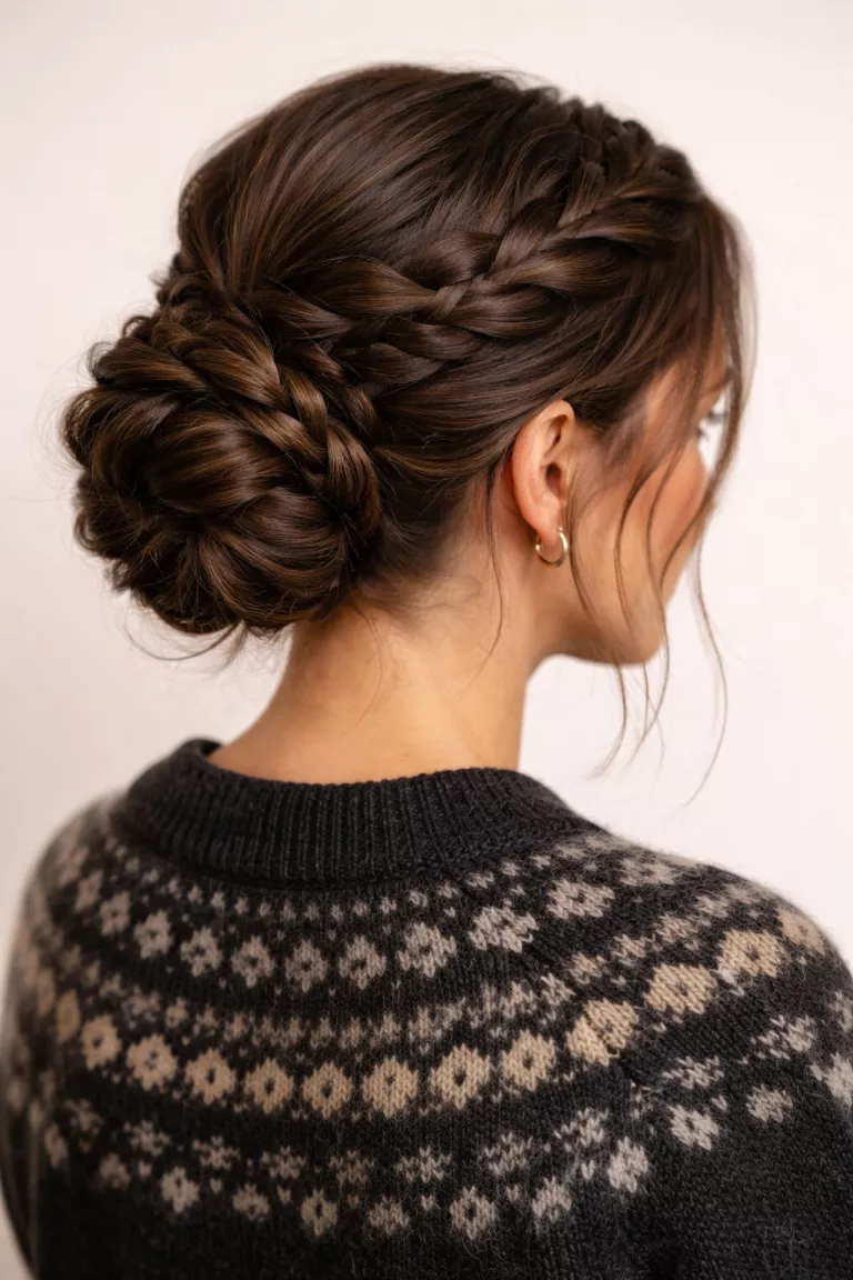 casual close-up photo of a 35-year-old woman wearing a dark patterned sweater with thick braids wrapping around to form a low, voluminous bun hairstyle, back view, minimal background