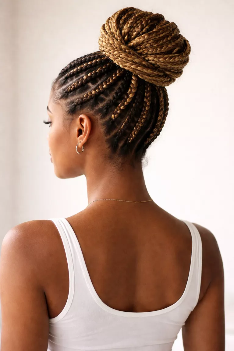 casual close-up photo of a 30-year-old woman wearing a white top with cornrows leading into a high, braided bun with golden extensions hairstyle, back view, minimal background
