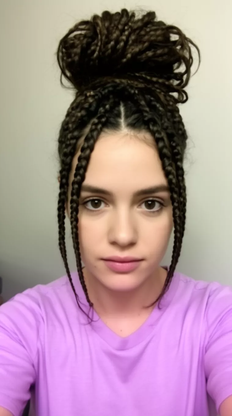 selfie of a 26-year-old woman wearing a light purple top with braids incorporated into a high, messy bun with face-framing pieces hairstyle, minimal background
