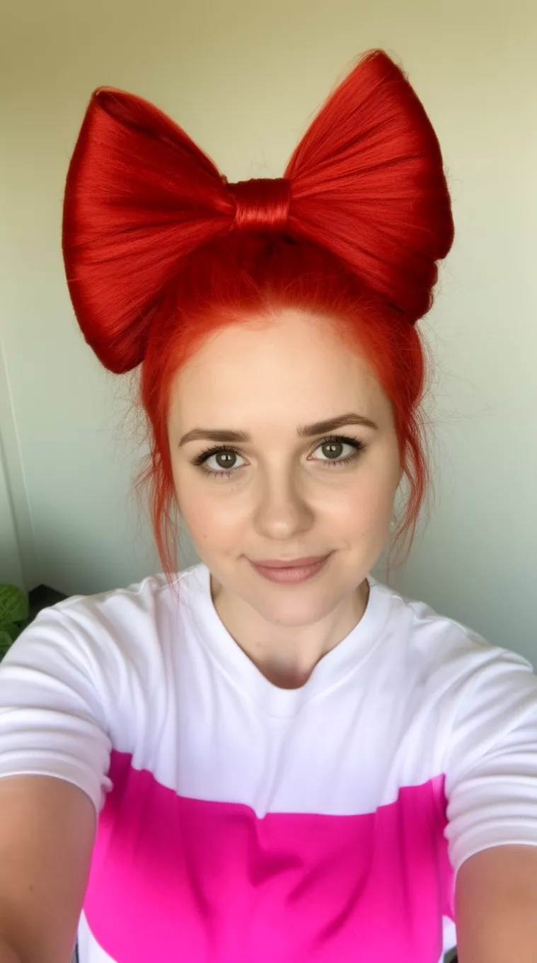 selfie of a 28-year-old woman wearing a white and pink top with vibrant red hair styled into a very high, oversized bow shape hairstyle, minimal background