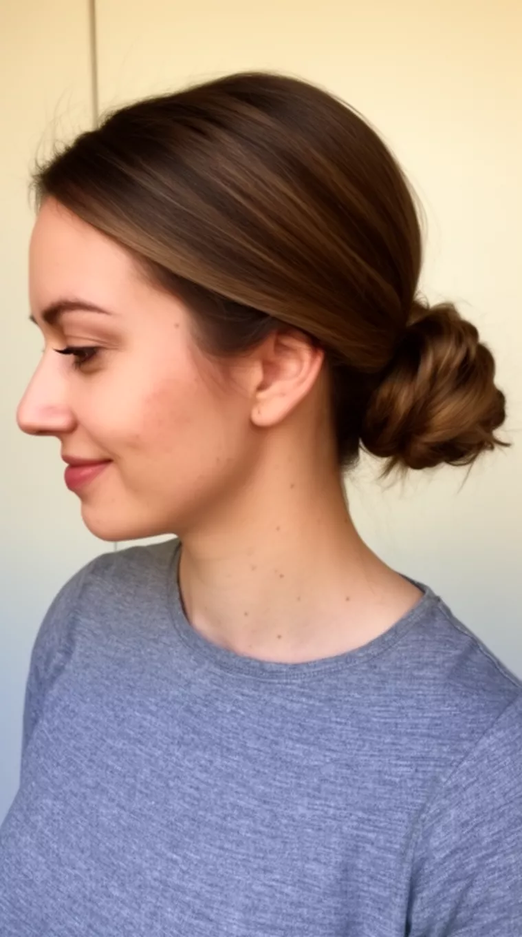 casual close-up photo of a 33-year-old woman wearing a grey top with a sleek, low, side-swept knotted bun hairstyle, side view, minimal background