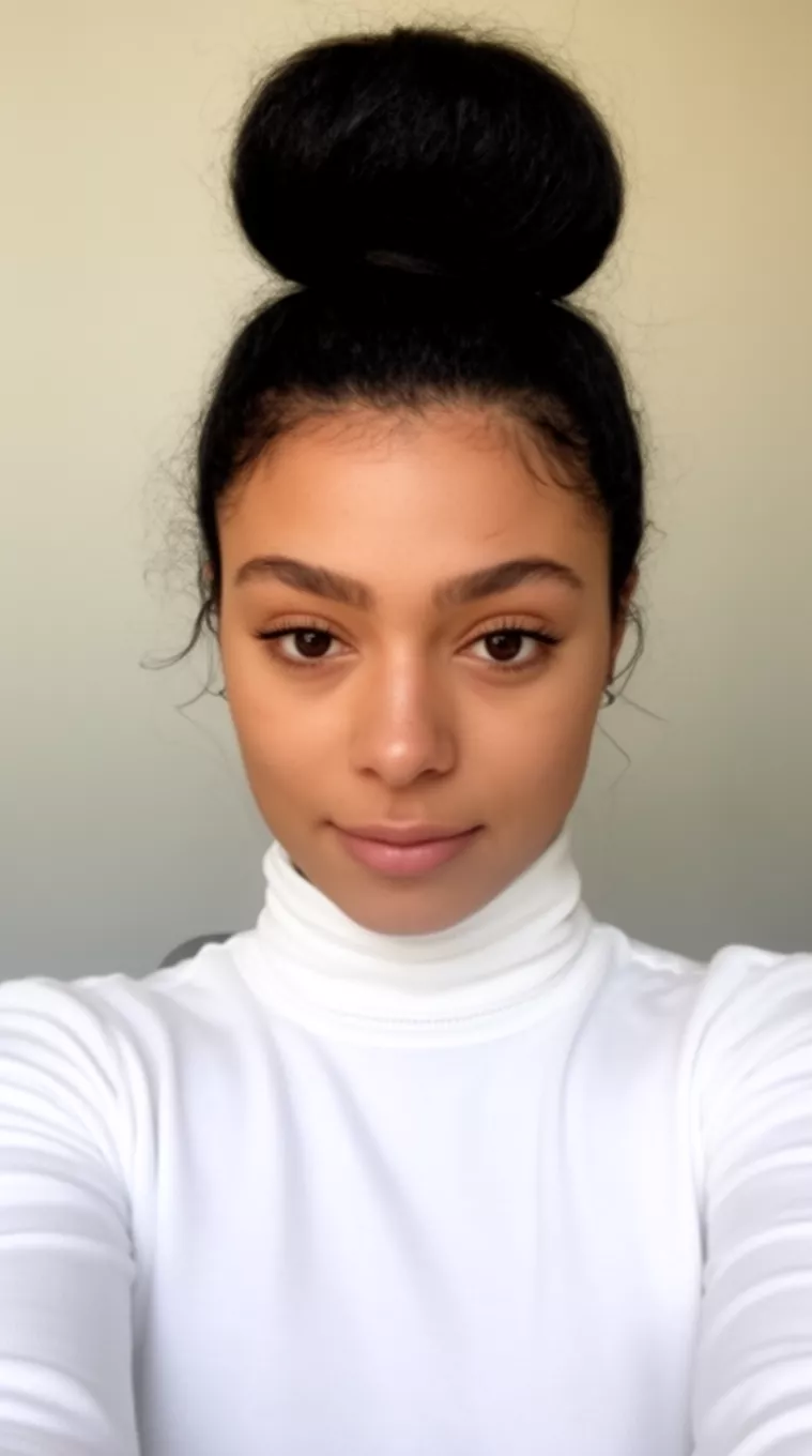 selfie of a 27-year-old woman wearing a white mock turtleneck with natural black hair in a high puff bun hairstyle, minimal background