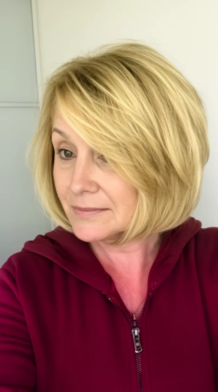 casual close-up photo of a 45-year-old woman wearing a dark red zip-up hoodie with a side-swept, voluminous, golden blonde layered bob, minimal background