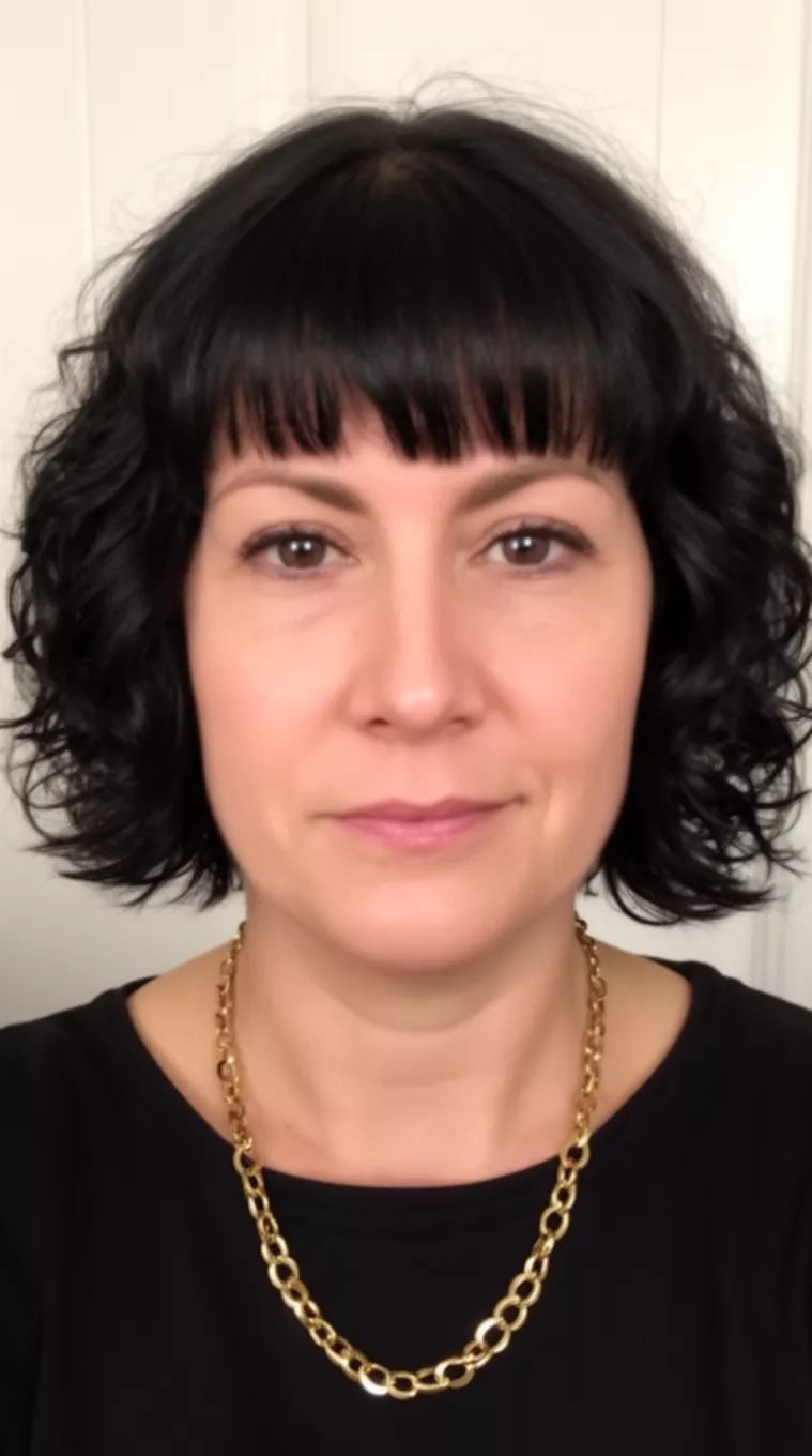 casual close-up photo of a 44-year-old woman wearing a black top and gold necklace with a short, black, wavy bob hairstyle with very short fringe, minimal background