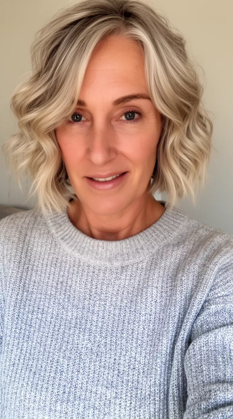 casual close-up photo of a 49-year-old woman wearing a light gray knit sweater with short, wavy, ash blonde hair in a textured bob, minimal background