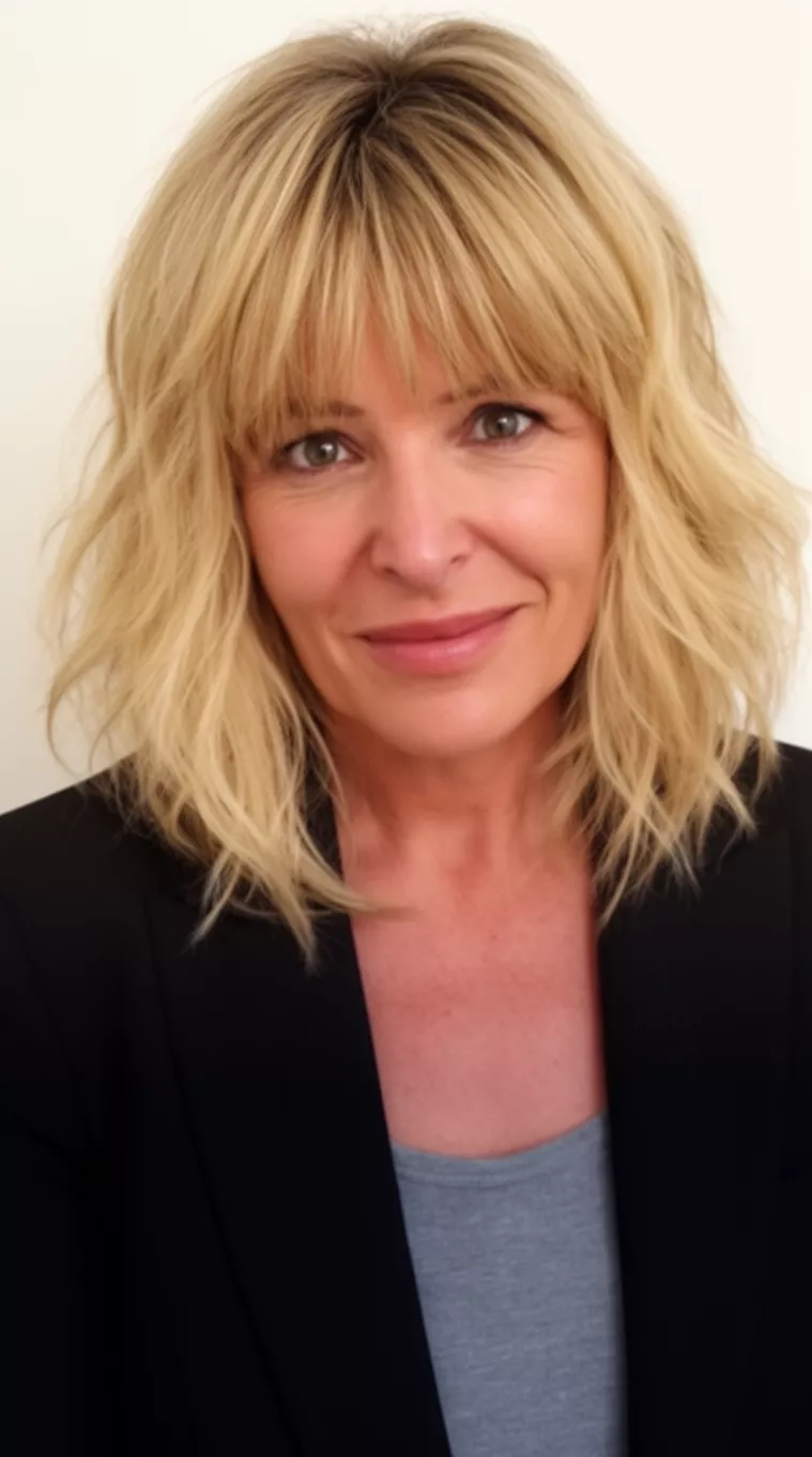 casual close-up photo of a 45-year-old woman wearing a black blazer over a gray top with a voluminous, blonde, layered lob hairstyle with full bangs, minimal background