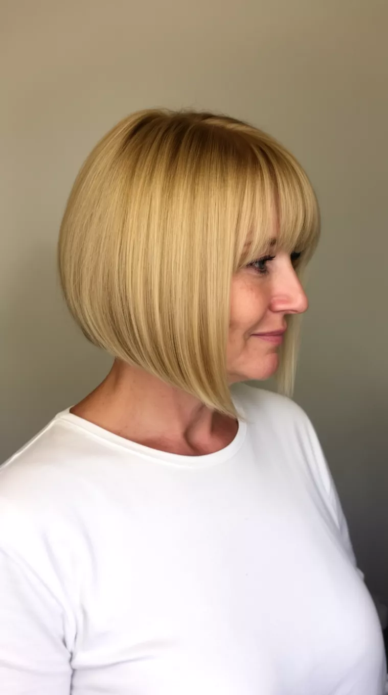 casual photo of a 47-year-old woman wearing a white top with a blonde, smooth, angled bob hairstyle featuring long side bangs, side view, minimal background