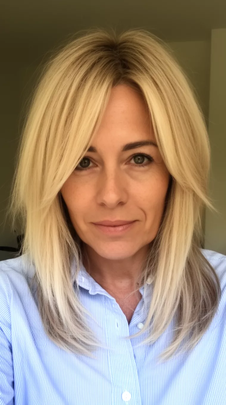casual close-up photo of a 43-year-old woman wearing a light blue striped shirt with a blonde, long bob hairstyle with soft layers and face-framing pieces, minimal background