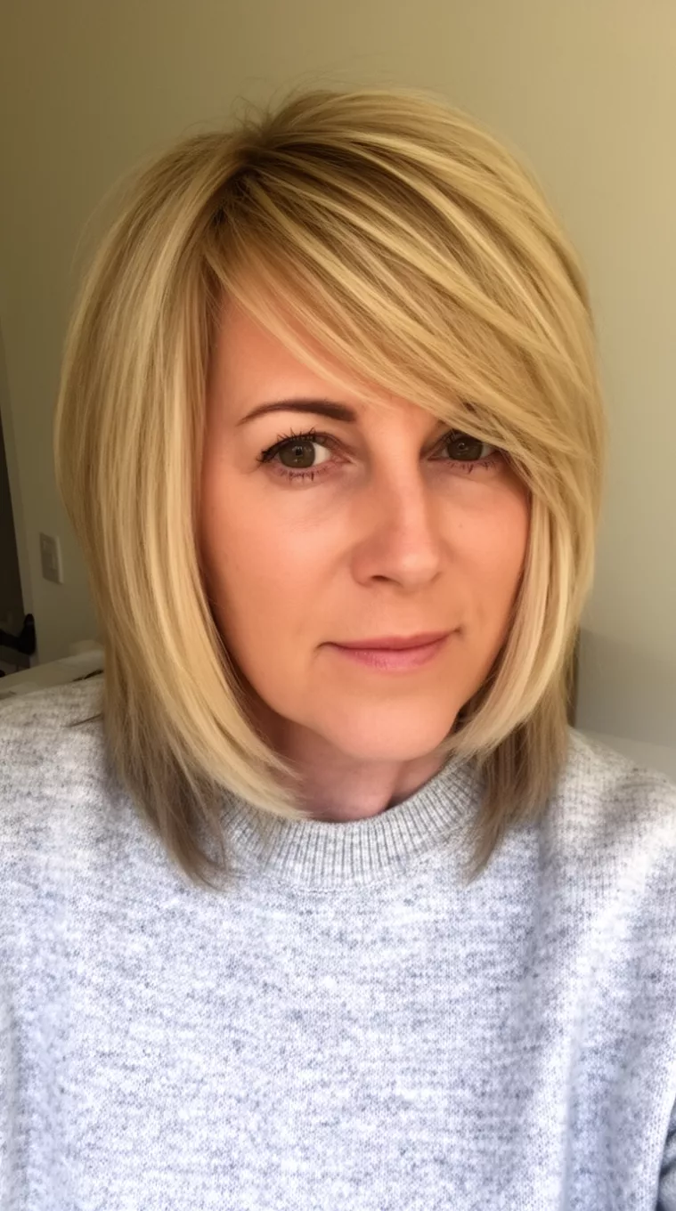 casual close-up photo of a 41-year-old woman wearing a light gray sweater with a blonde, medium-length layered hairstyle with a side-swept fringe, minimal background