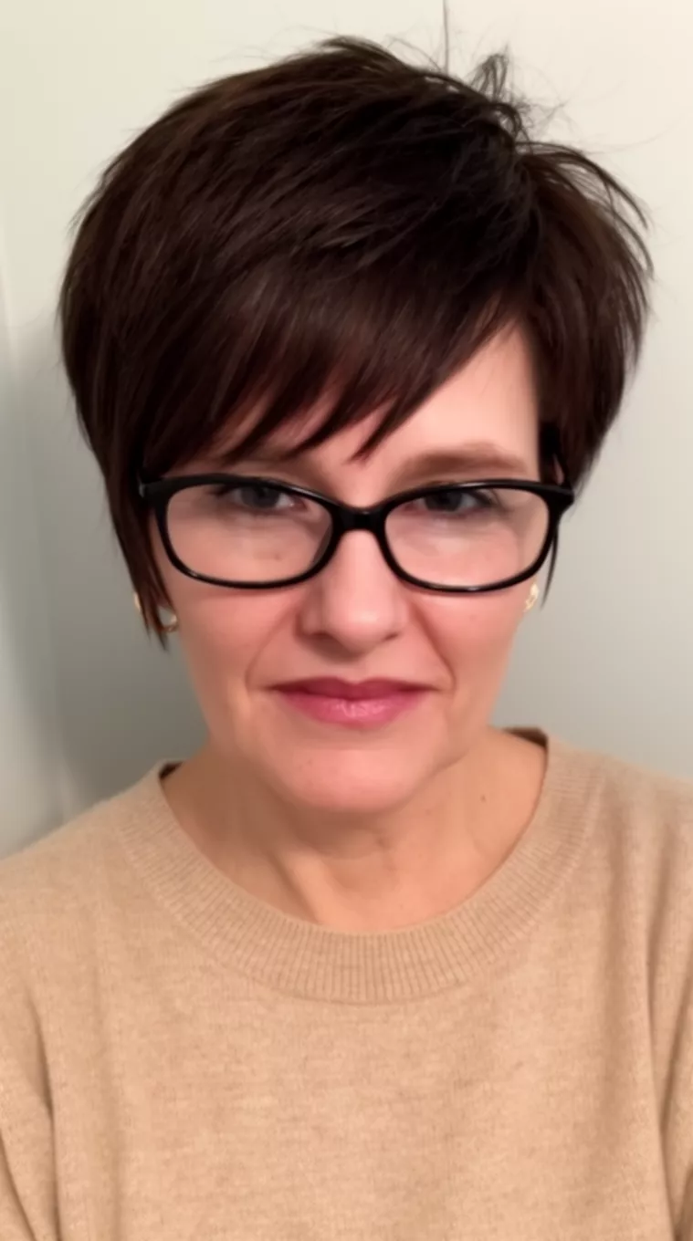 casual close-up photo of a 45-year-old woman wearing a beige sweater and glasses with a short, dark brown, textured pixie cut with swooping fringe, minimal background