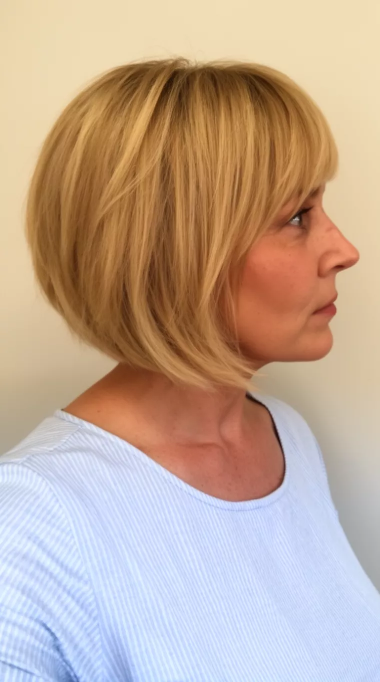 casual photo of a 42-year-old woman wearing a light blue striped top with a blonde, angled bob and sweeping bangs, side-profile view, minimal background