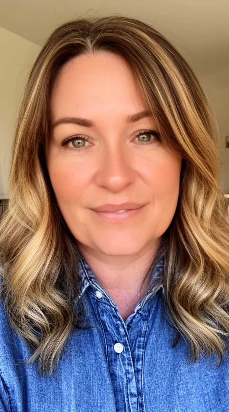 casual close-up photo of a 42-year-old woman wearing a denim-like shirt with medium-length, medium brown hair with blonde highlights and soft waves, minimal background