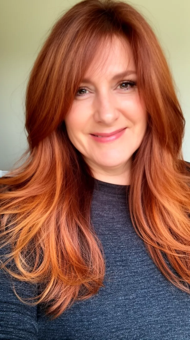 casual close-up photo of a 41-year-old woman wearing a dark gray top with long, auburn hair featuring reddish-gold highlights and soft, cascading layers, minimal background