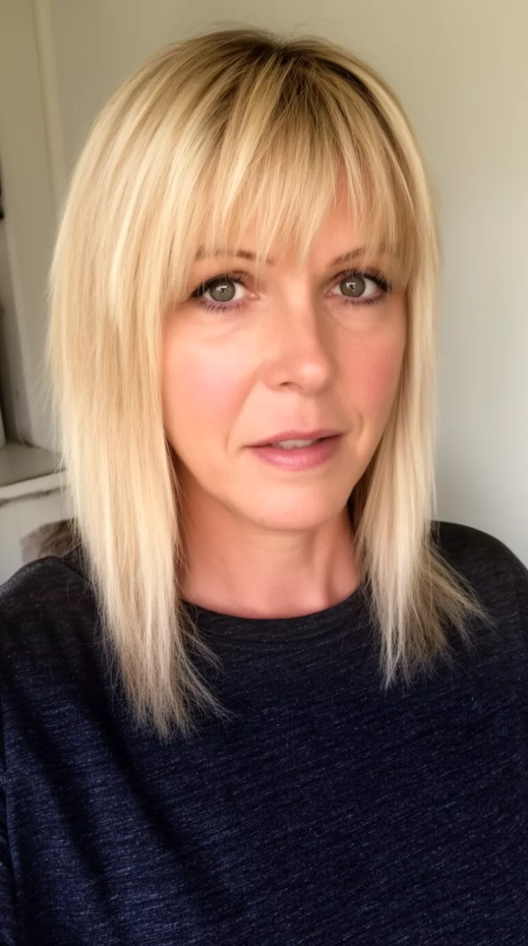casual close-up photo of a 46-year-old woman wearing a dark gray top with a blonde, layered, medium-length hairstyle with long side fringe, minimal background