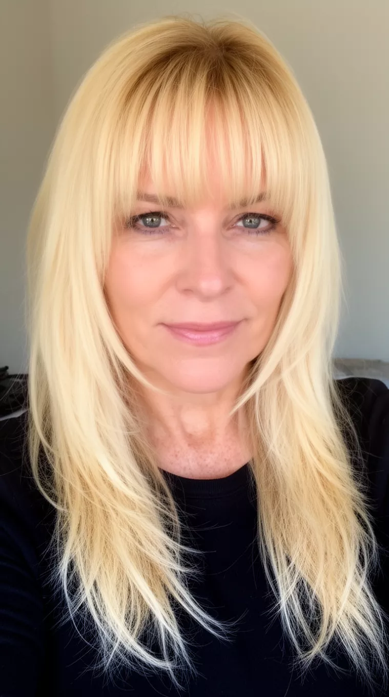casual close-up photo of a 40-year-old woman wearing a black top with long, bright blonde hair featuring long curtain bangs and feathered layers, minimal background