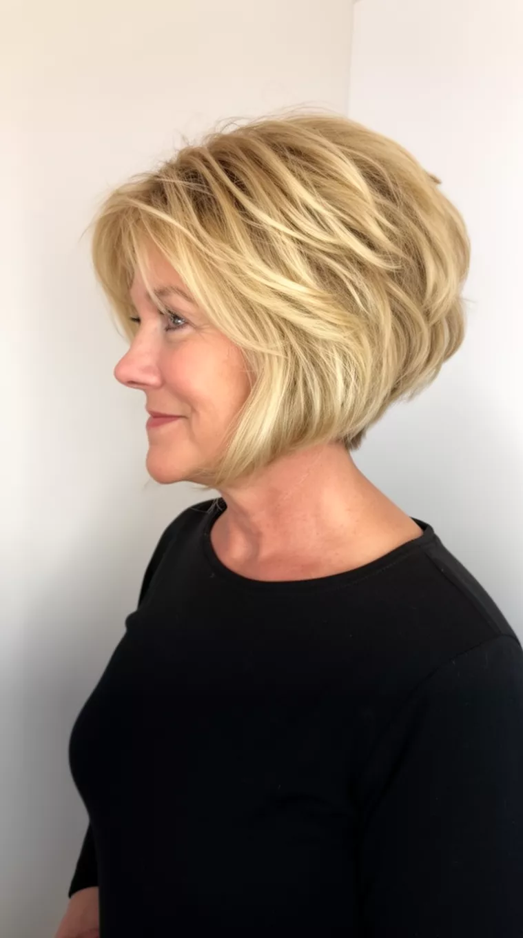 casual photo of a 47-year-old woman wearing a black top with a blonde, voluminous, stacked bob hairstyle, side view, minimal background