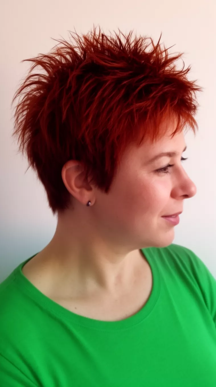 casual photo of a 43-year-old woman wearing a green top with a short, messy, auburn, spiky pixie cut, side view, minimal background