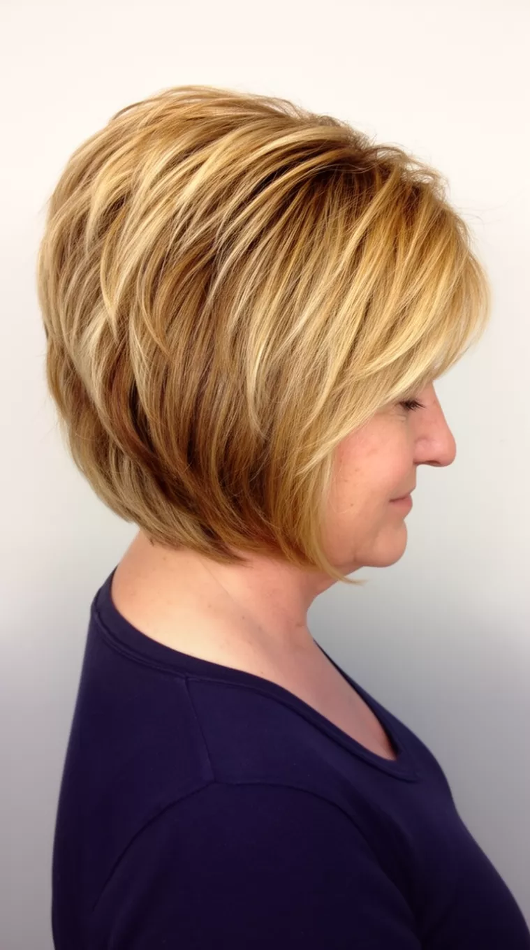 casual photo of a 48-year-old woman wearing a dark top with layered blonde hair featuring warm brown lowlights in a voluminous, stacked bob style, side view, minimal background