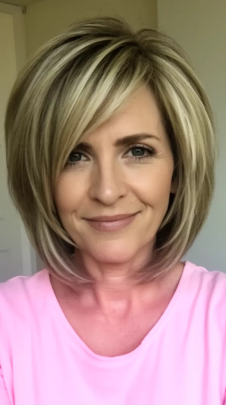 casual close-up photo of a 44-year-old woman wearing a light pink top with a layered, voluminous, chin-length bob featuring blonde highlights and side-swept bangs, minimal background