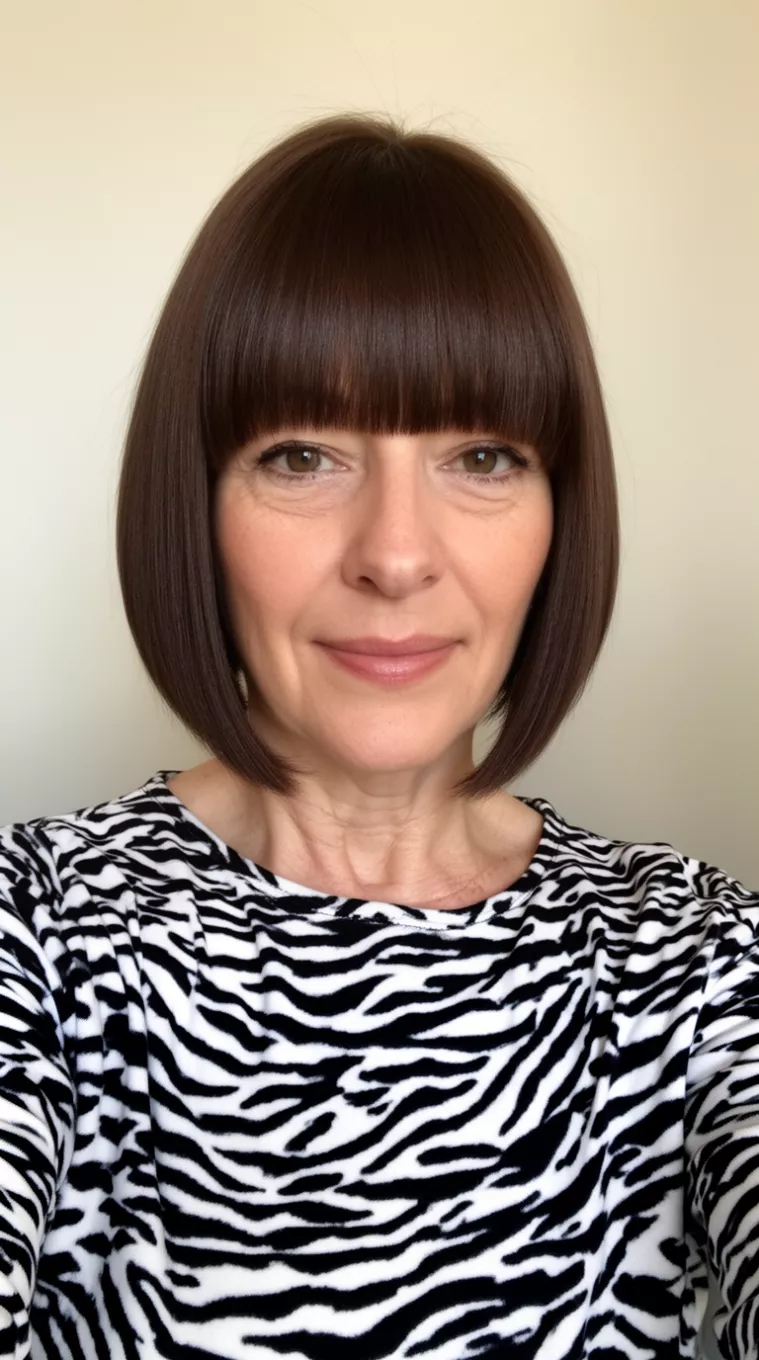selfie of a 52-year-old woman wearing a black and white zebra-print top with a sleek, blunt, dark brown A-line bob, minimal background