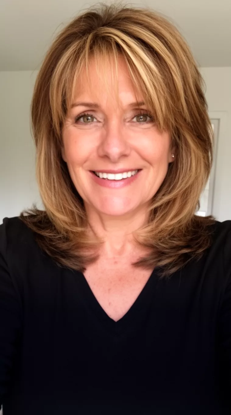 selfie of a 55-year-old woman smiling wearing a black v-neck top with a medium-length, layered, warm brown hair with blonde highlights, minimal background
