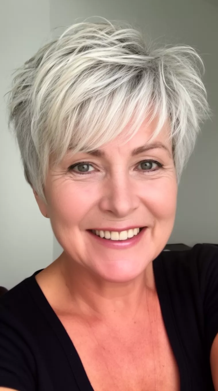 selfie of a 58-year-old woman smiling with short, heavily layered, platinum blonde and gray hair styled in a textured pixie cut, minimal background