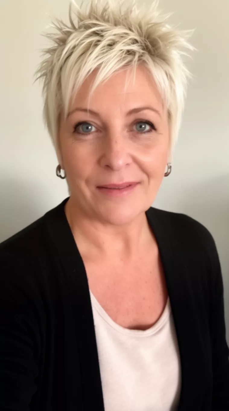 casual close-up photo of a 50-year-old woman wearing a black cardigan over a light top with a very short, spiky, platinum blonde hair, minimal background