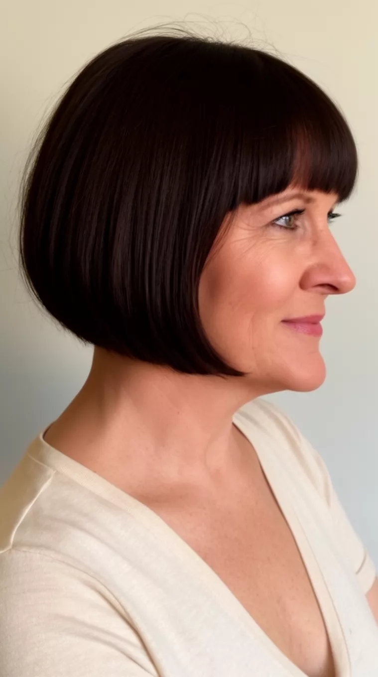 casual close-up photo of a 50-year-old woman wearing a light-colored top with a short, dark brown, sleek, blunt bob haircut, profile view, minimal background