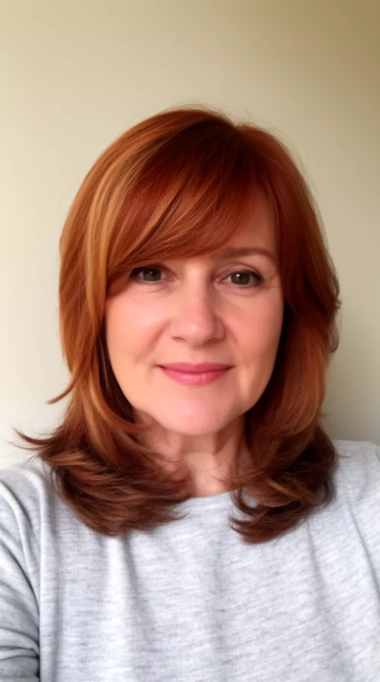 selfie of a 57-year-old woman wearing a light gray top with a medium-length, layered reddish-brown hair with subtle highlights and soft side-swept bangs, minimal background