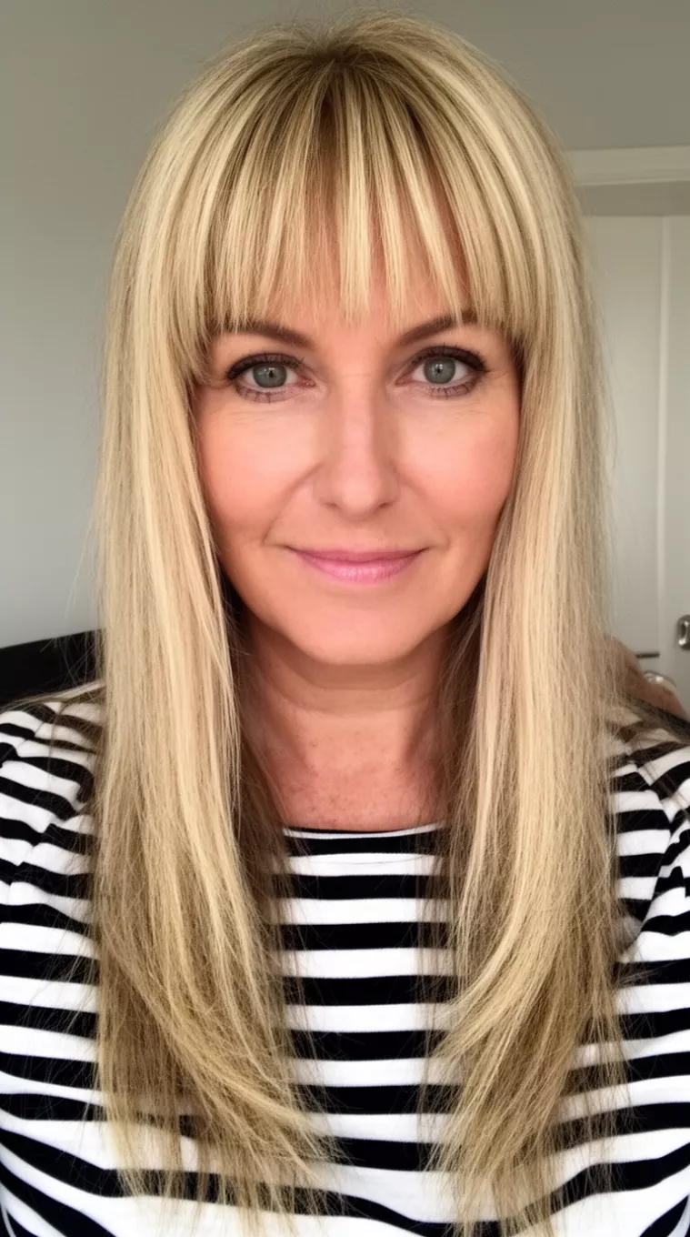 casual close-up photo of a 53-year-old woman wearing a black and white striped top with a long, layered blonde hair featuring face-framing curtain bangs, minimal background