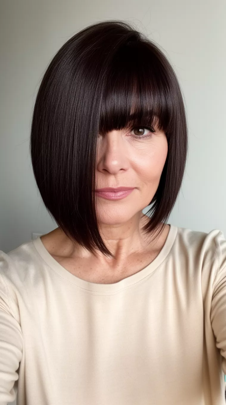 selfie of a 51-year-old woman wearing a light beige top with a sleek, straight, dark brown bob haircut featuring long, straight-across bangs covering one eye, minimal background