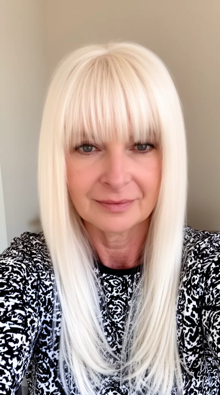 selfie of a 54-year-old woman wearing a black and white patterned top with a bright, platinum blonde, sleek, long layered hair with long fringe bangs, minimal background