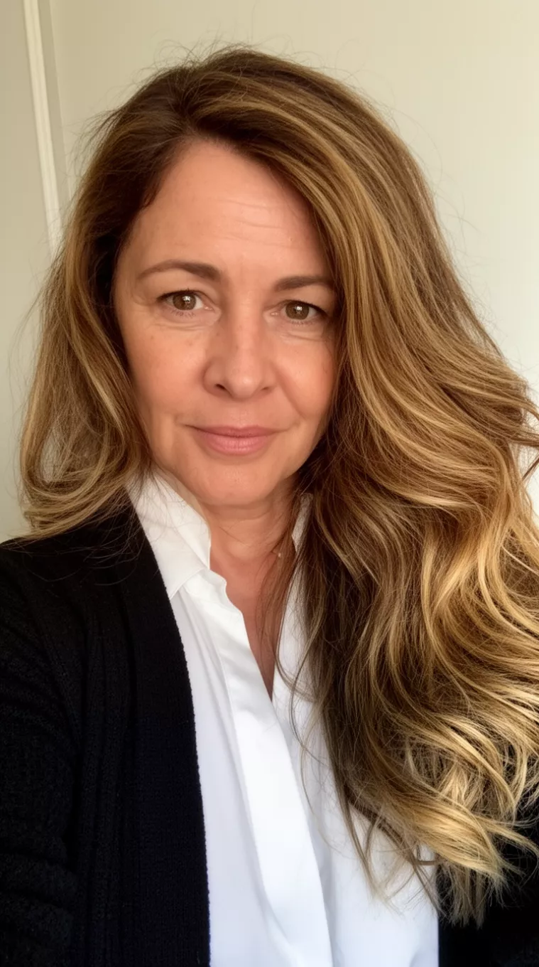 casual close-up photo of a 52-year-old woman wearing a white shirt under a black cardigan with a long, voluminous, wavy brown hair with blonde highlights, minimal background