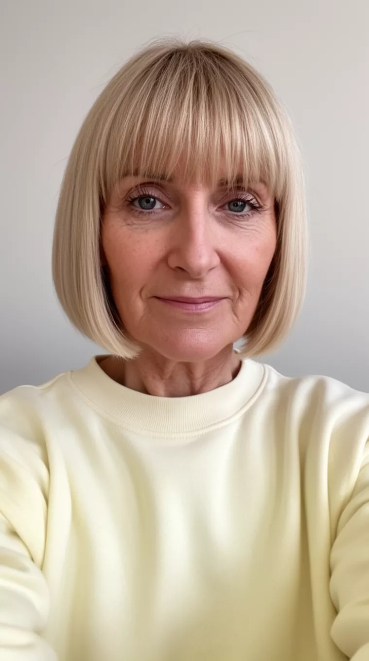 selfie of a 58-year-old woman wearing a cream-colored sweatshirt with a straight, blonde bob haircut, minimal background