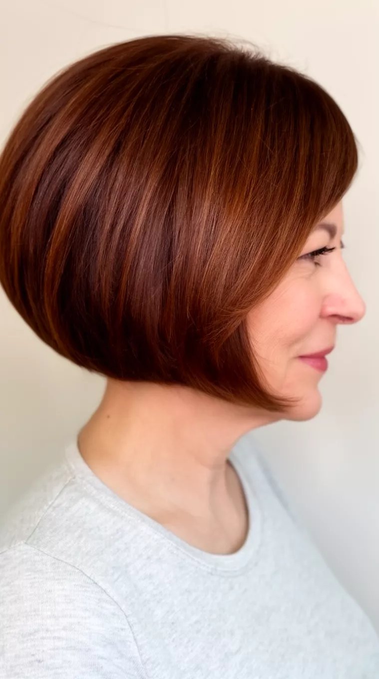 casual close-up photo of a 52-year-old woman wearing a light gray top with a sleek, voluminous, rich brown stacked bob haircut, profile view, minimal background