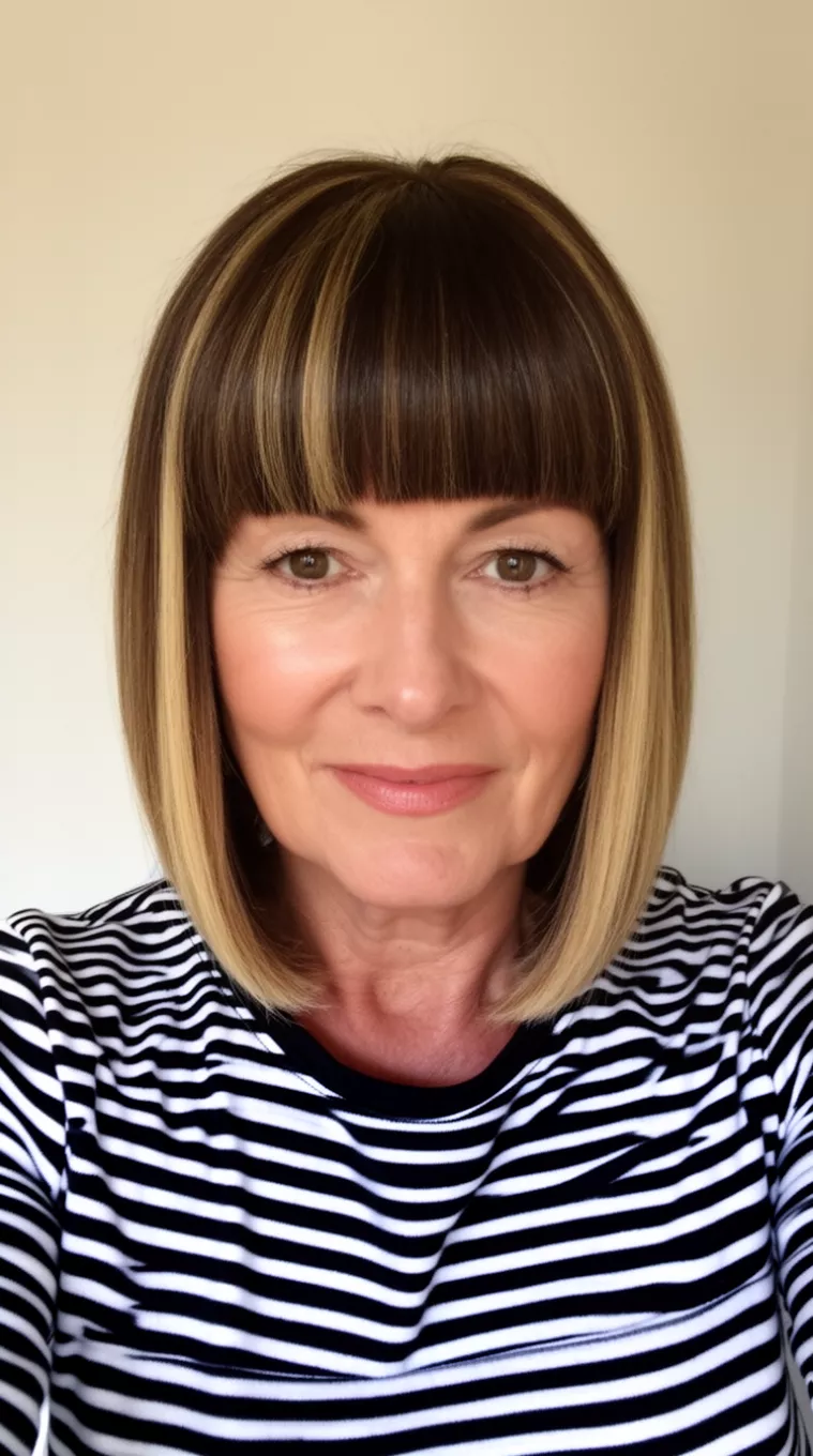 selfie of a 53-year-old woman wearing a black and white striped top with a straight, sleek, dark brown hair with blonde highlights in a blunt bob, minimal background