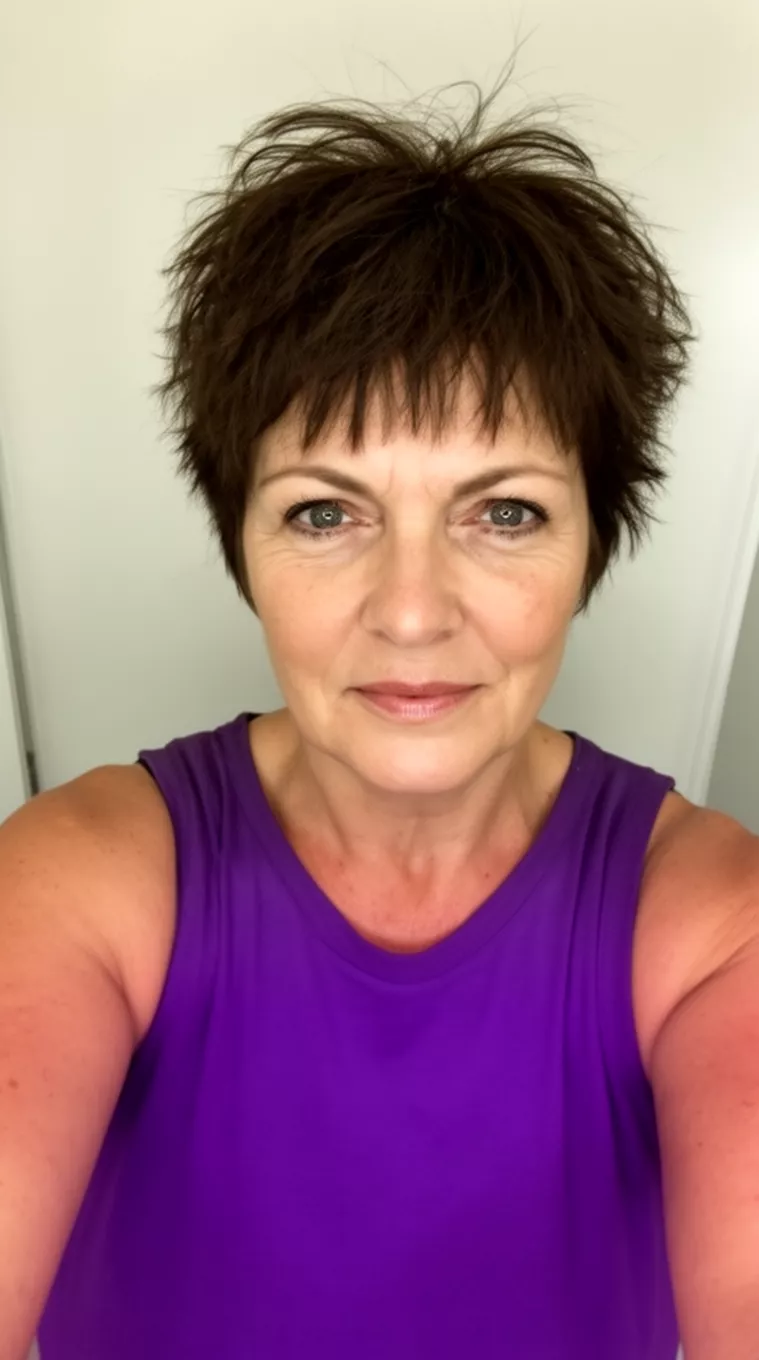 selfie of a 55-year-old woman wearing a purple sleeveless top with a short, dark brown, slightly messy pixie cut, minimal background