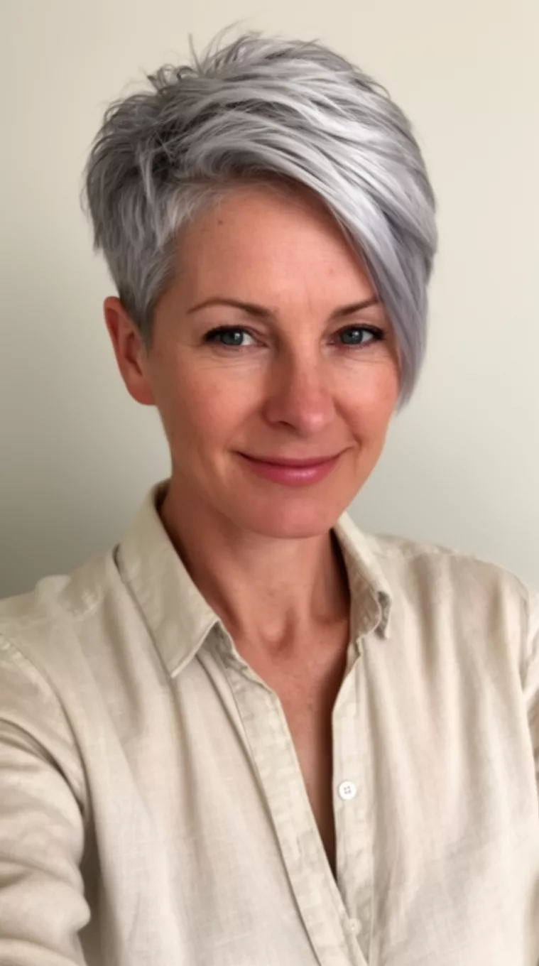 selfie of a 59-year-old woman wearing a light-colored button-up shirt with a short, textured, silver-gray pixie cut with a side sweep, minimal background