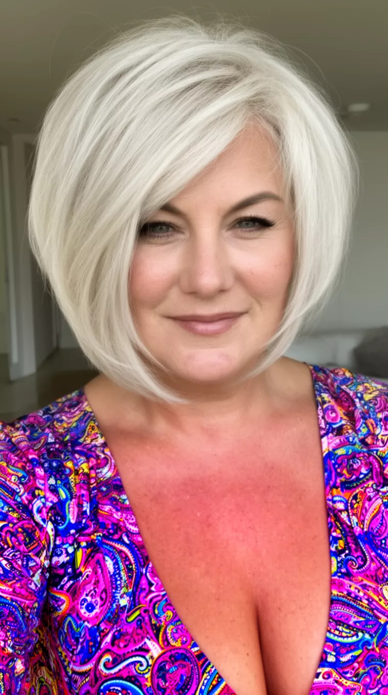 casual close-up photo of a 55-year-old woman wearing a brightly patterned low-cut top with a voluminous, layered, platinum blonde inverted bob with shorter layers on top, minimal background