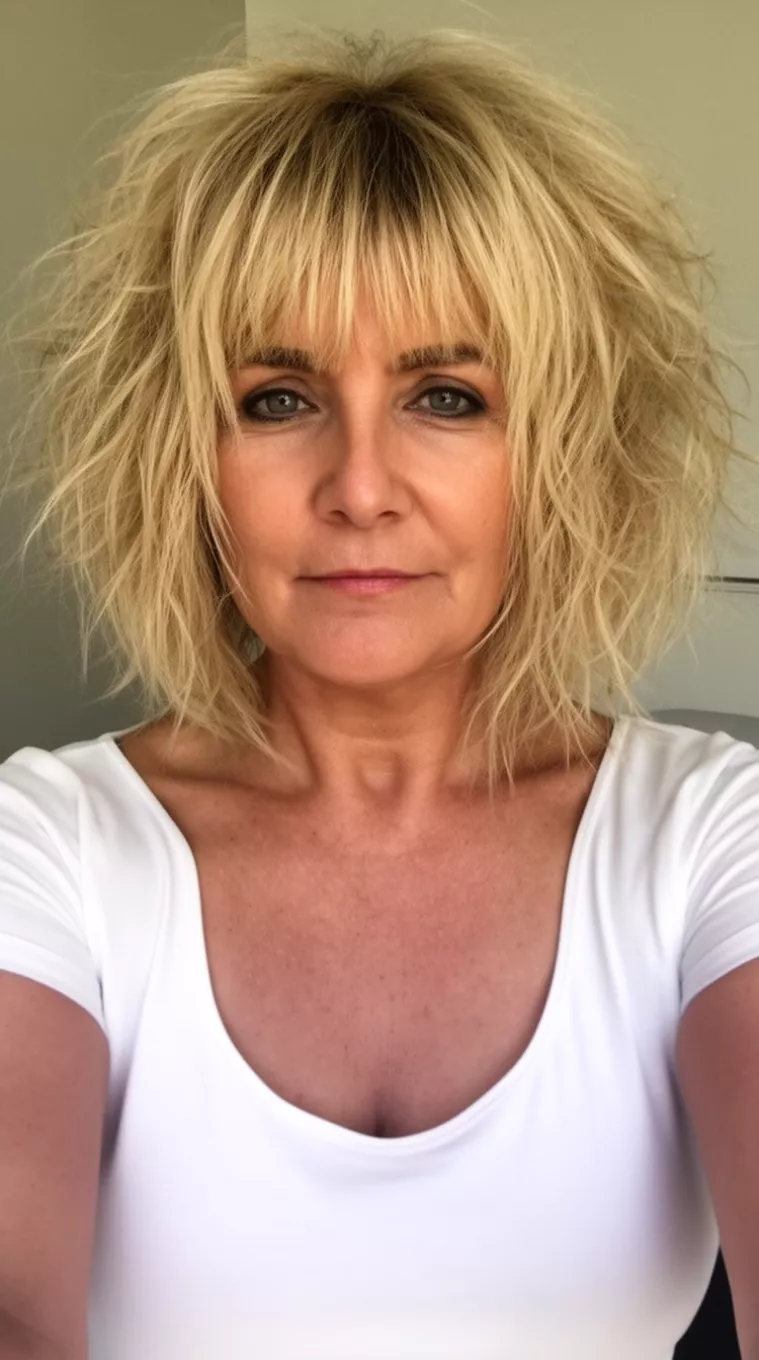 selfie of a 56-year-old woman wearing a white scoop-neck top with a voluminous, shaggy, layered blonde bob with bangs, minimal background