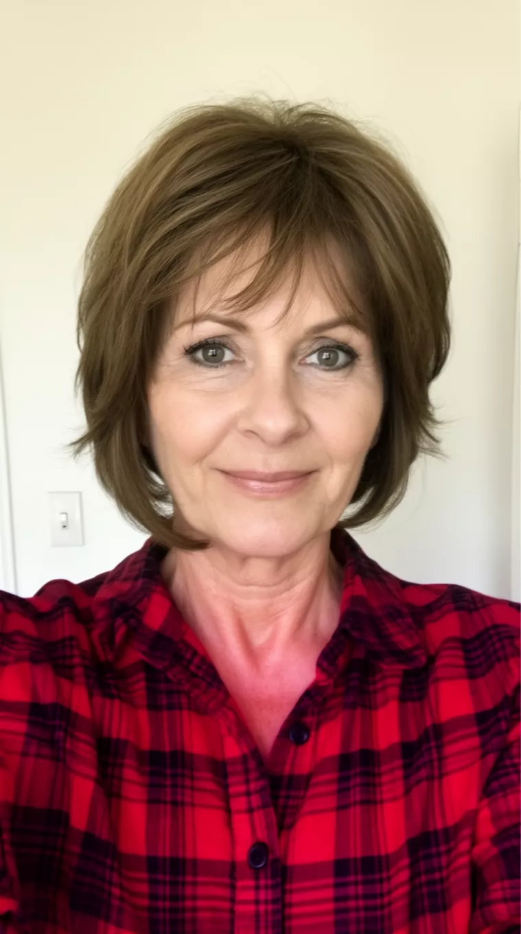 selfie of a 57-year-old woman wearing a red and black plaid shirt with a layered, shorter brown hair styled with soft face-framing layers, minimal background