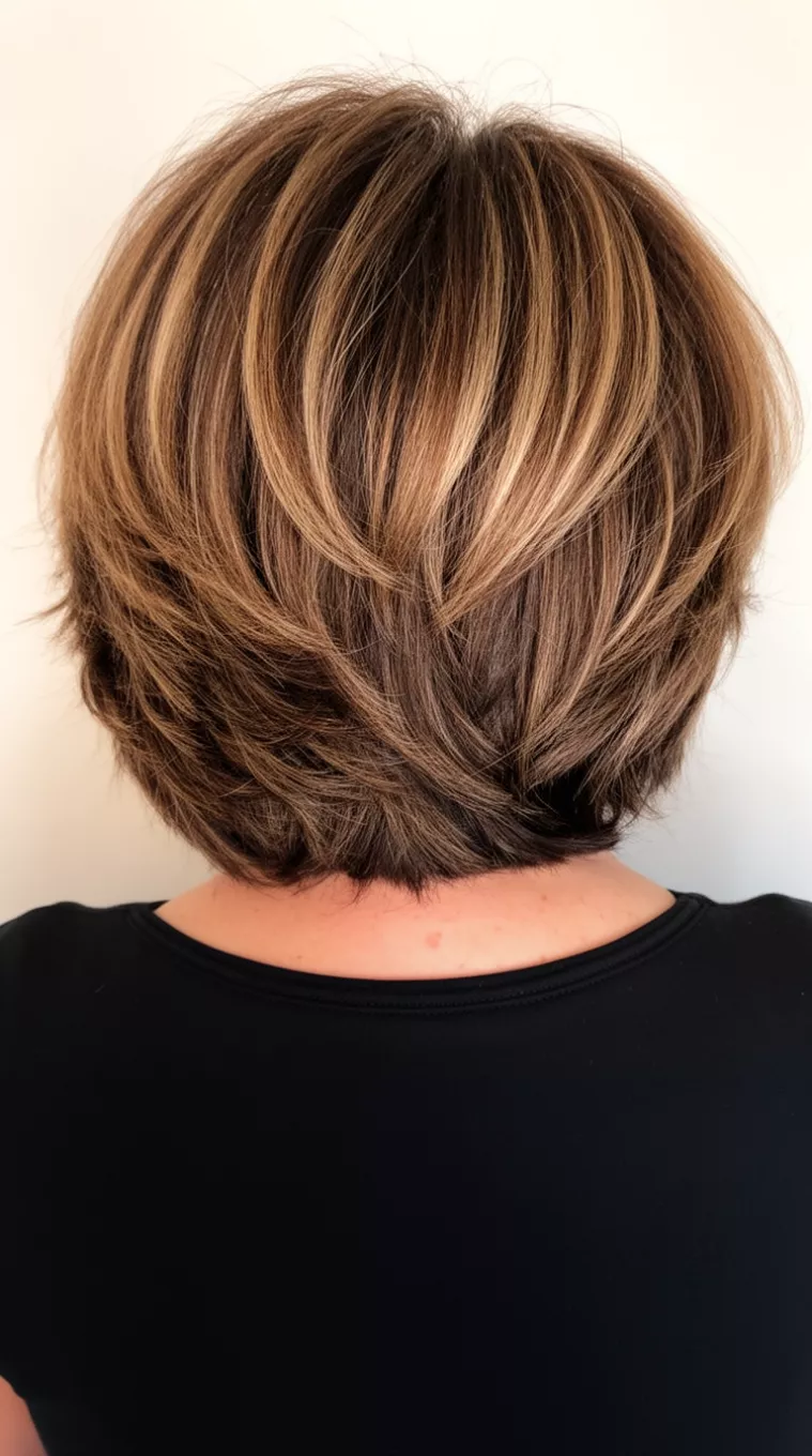 Highlighted Brown and Blonde Volume casual close-up photo of a 64-year-old woman wearing a black top with a layered, voluminous brown and dark blonde highlighted bob hairstyle, back view, minimal background