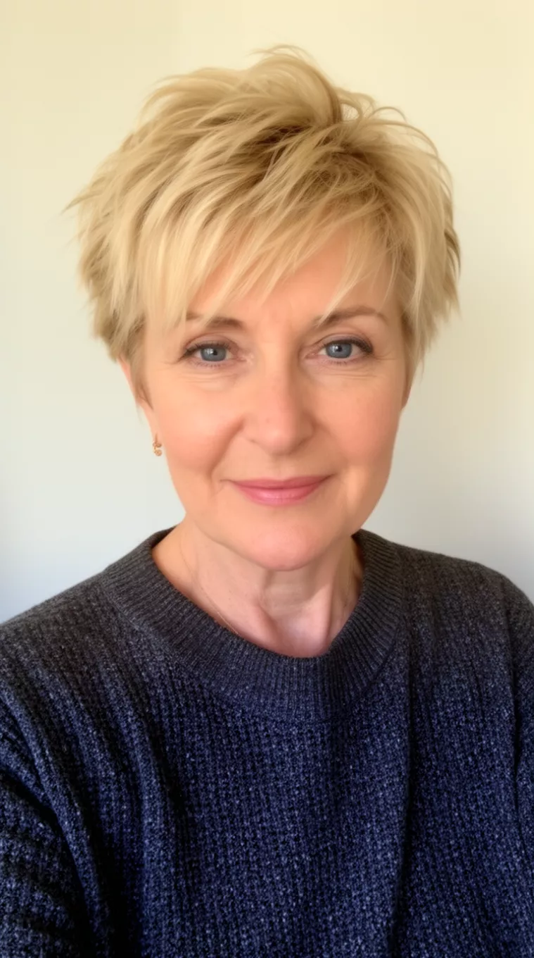 Choppy Textured Pixie selfie of a 60-year-old woman wearing a dark grey knit top with a short, blonde, choppy, textured pixie hairstyle, minimal background