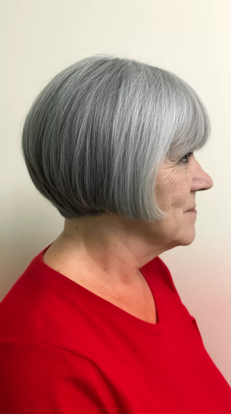 Grey Graduated Rounded Bob casual close-up photo of a 67-year-old woman wearing a red top with a short, rounded, grey graduated bob hairstyle, side view, minimal background