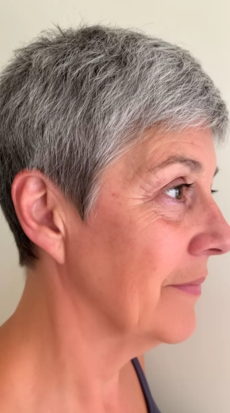 Side Profile Textured Crop casual close-up photo of a 62-year-old woman wearing an unseen top with a short, textured grey hairstyle, side view, minimal background