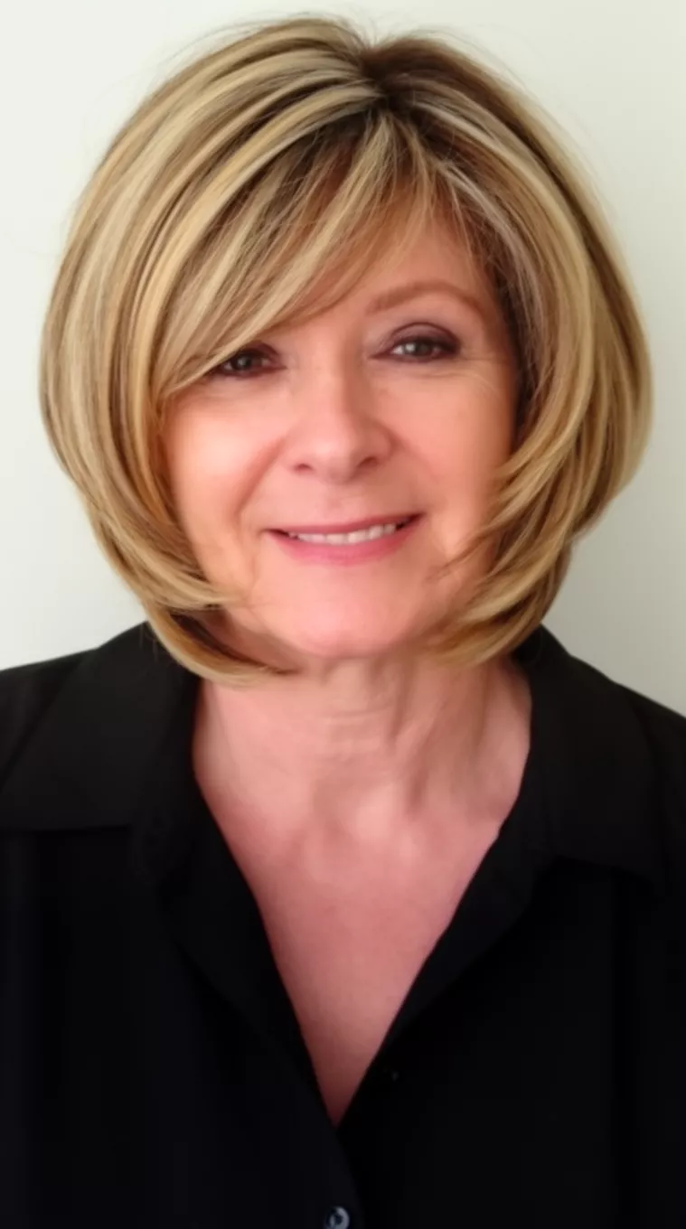 Layered Blonde and Brown Curved Bob casual close-up photo of a 64-year-old woman wearing a black collared top with a layered, curved bob hairstyle featuring blonde and brown highlights, minimal background