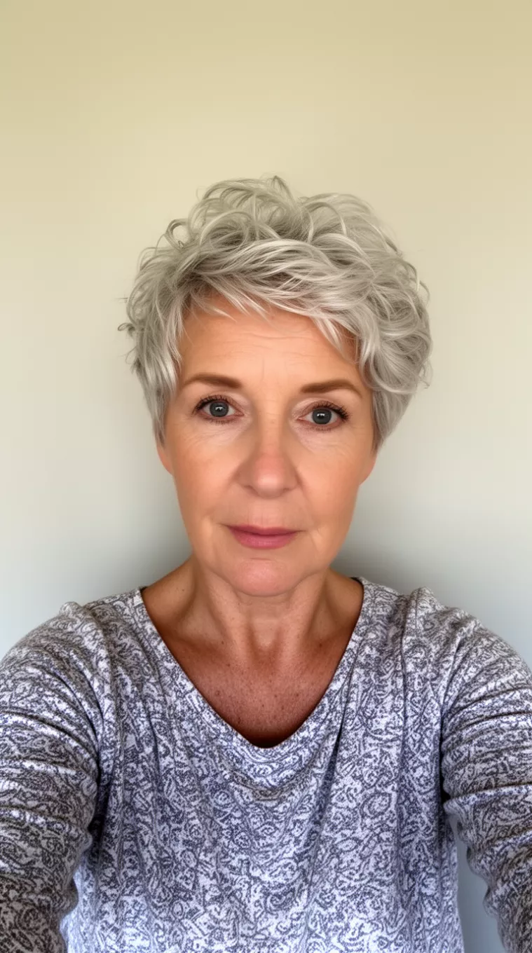 Tousled Silver Pixie Wave selfie of a 67-year-old woman wearing a grey and white patterned top with a short, silver, tousled, wavy pixie hairstyle, minimal background