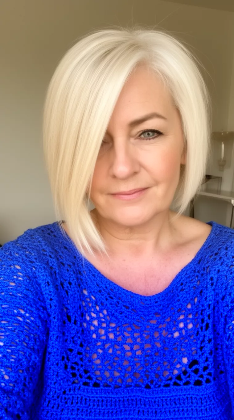 selfie of a 66-year-old woman wearing a blue crocheted top with a platinum blonde, asymmetrical bob hairstyle with long side-swept bangs, minimal background