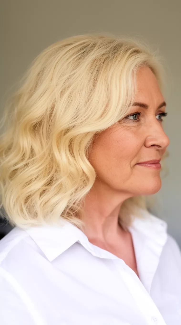Wavy Bright Blonde Profile casual close-up photo of a 63-year-old woman wearing a white collared shirt with a medium-length, wavy bright blonde hairstyle, side view, minimal background